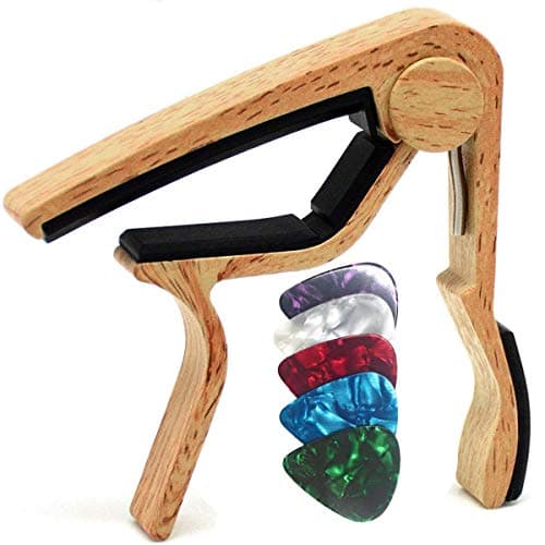 WINGO Capodastre Guitare, Alliage Capo de Guitare Pour 6 Cordes Folk Guitare Acoustique, Guitare Electrique et Ukulélé avec 5 Médiators, Original Bois Couleur.