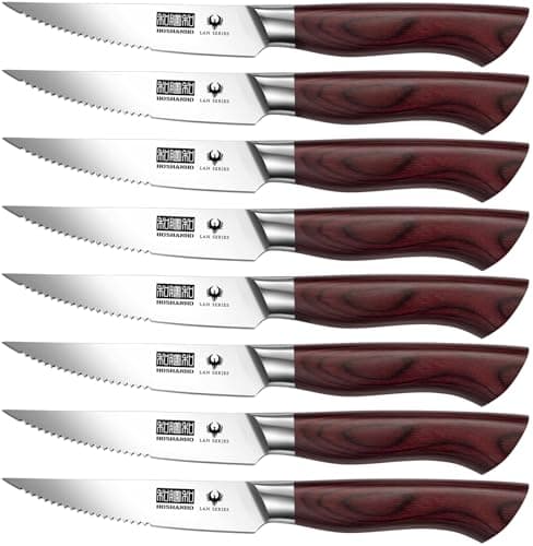 HOSHANO Set de Couteaux à Steak, Couteaux de Table 8 Pièces, Set Couteaux a Steack Acier Inoxydable Allemand, Manche Bois Ergonomique, Cadeau de Fête des Pères/Fête des Mères