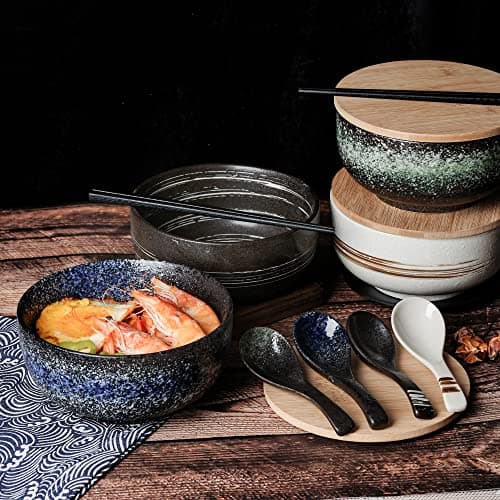 Cteahrow Bol à ramen en céramique 2 ensembles (8 pièces) avec baguettes cuillère, grand bol à soupe 1100 ML, bols à salade pour soupe, pho et bol à sushi (Ensemble de 2 bols bleus)