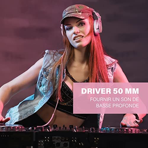 OneOdio Casque Audio Filaire DJ Piano Guitare avec Micro, Hi-Res Audio Extra Basse Son, Léger Confort Pliable Casque avec Share-Port, 2 Prise Jack, Headphone PC Studio Monitor AMP Pro-10(Rose Gris)