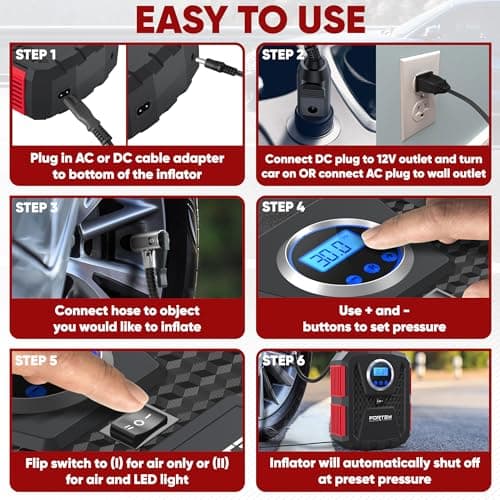 FORTEM Gonfleur de Pneus 150 PSI, Pompe à Vélo, Pompe à Air 230V AC 12V DC Pour Pneus de Voiture, Manomètre Digital Avec Pompe Automatique/Arrêt, étui de Transport (rouge)