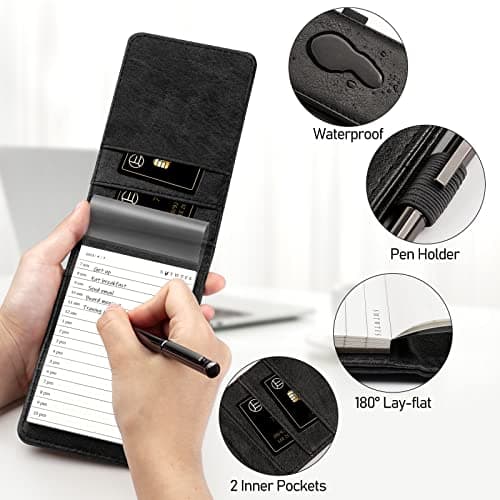WEMATE Cuir PU Carnet de Poche,Bloc Note,10 Mini Bloc Notes de Poche avec recharges et stylo à bille en métal pour,Petit Carnet de Notes de Poche,pour bureau, école Noir