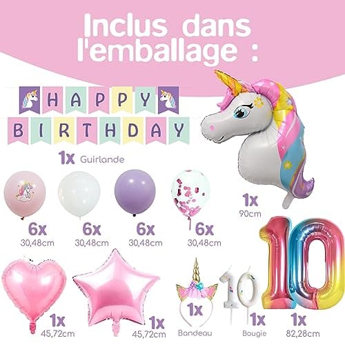 envami® Licorne Decoration Anniversaire 10 ans - Kit Anniversaire Fille Licorne, Ballon Anniversaire Fille 10 ans - Deco Anniversaire Fille 10 ans - Ballon Anniversaire 10 ans Fille, Ballon Décoration