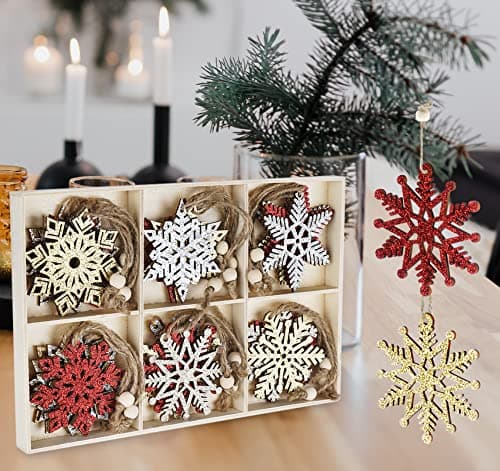 ilauke Flocons de Neige en Bois de Noël Ornement,24Pcs Artisanat en Bois de Flocon,6 Styles Deco Noël Bois Flocon avec Ficelle de Chanvre,Suspension Noël en Bois pour Décoration de Fête d'hiver-7cm