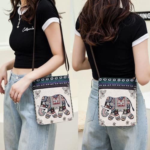 Qiwenr sac bandoulière brodé, Sac bandoulière éléphant, Crossbody-Sac en Toile pour, sac à bandoulière brodé à la main, Sac de transport éléphant,Sac cabas éléphant, Sac Style ethnique brodé, Sac
