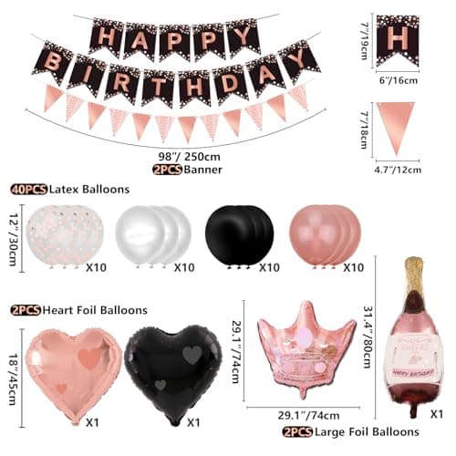 XJLANTTE Fournitures de fête Noir et Or Rose – Ballon, bannière Joyeux Anniversaire, décoration de gâteau, Tasses et Nappe pour décorations de fête Fille Femme, pour 20 invités (Set 02)