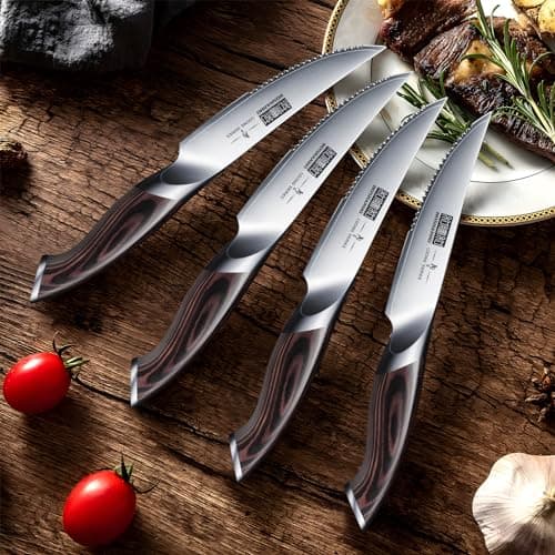 HOSHANHO Couteaux à Steak 6 Pièces, Ultra Tranchants Ensemble de Couteaux à Steak Dentelés 11,5 cm, Couverts à Steak de Cuisine Japonais AUS-10 en Acier à Haute Teneur en Carbone avec Poignée Ergonomi