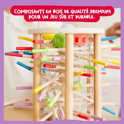 Nene Toys BALLFALL, Jouet Montessori pour Enfants 3+ Ans - Jeu de Société en Bois avec Bâtonnets Colorés, Dés & Cartes - Jeu de Société Éducatif et Familial pour Garçons et Filles de 3 à 9 Ans