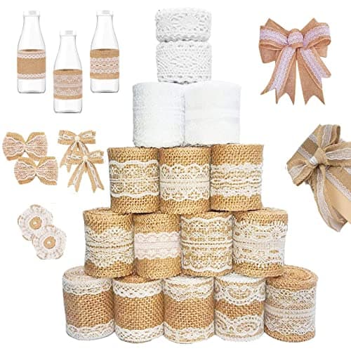 16 Pièces Ruban Dentelle,25M Toile Jute,Ruban Toil Jute,12M Ruban en Jute et 13M Dentelle,Rouleau de Jute,Ruban de Jute Naturel,Ruban Cadeau,Ruban Dentel pour Cadeaux Bricolage Deco Mariage Champetre