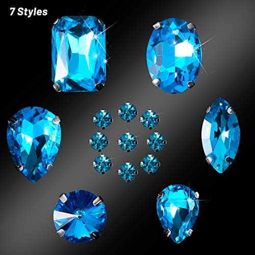 156 Pièces Strass en Verre de Couture Transparent Strass à Dos Plat Serti Griffes Métalliques Strass Cristal de Griffe à Coudre de Formes Mixtes pour Artisanat (Lac Bleu)