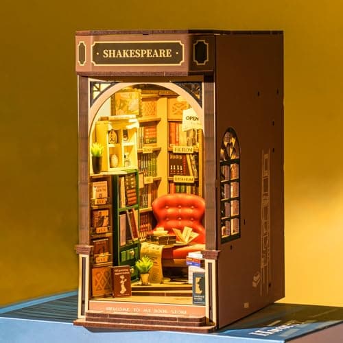 ROBOTIME Book Nook Kit avec Lumières LED, Booknook Puzzle 3D en Bois Livre Décoration de la Chambre Noël Anniversaire Cadeaux pour Filles Femme - Shakespeare's Bookstore