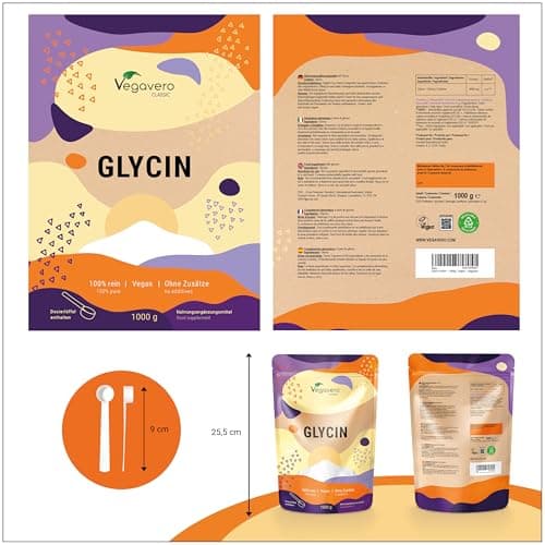 Glycine Poudre Vegavero® | 1000g (1kg) | 100% Pure, Sans Additifs et Vegan | Analysé en Laboratoire | Synthèse du Collagène & Aide au Sommeil | Avec Cuillère à Mesurer