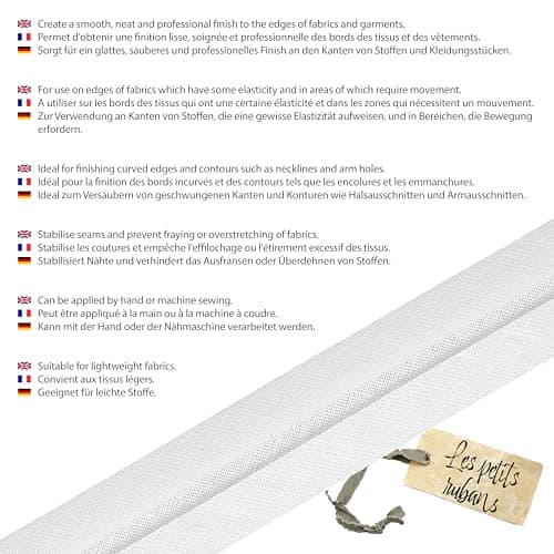 Les Petits Rubans Biais de Couture – 20 mm de large,plié 10 mm,rouleau de 25 m,50% coton 50% polyester,bordure pour couture,banderoles,tissus d'ameublement,meubles,passepoils,vêtements,couvertures