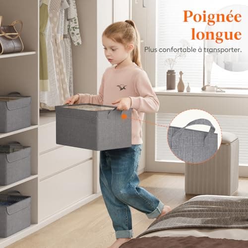 Lifewit Lot de 4 Boite Rangement en Oxford avec Couvercle Transparent, Rangement Dressing Armoire, Panier Rangement Pliable, Organisateur Placard, Vetement, Couverture, Livre, Jouet, Gris Clair, Petit