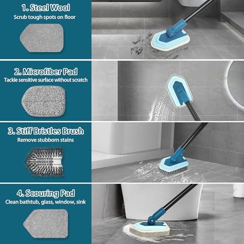 JEHONN Brosse de Nettoyage 4 en 1 avec Long Manche, Brosse à Récurer de Douche, 4 Différentes Brush pour Salle de Bain, Baignoire, Sol, Mur, Plinthe (Bleu)