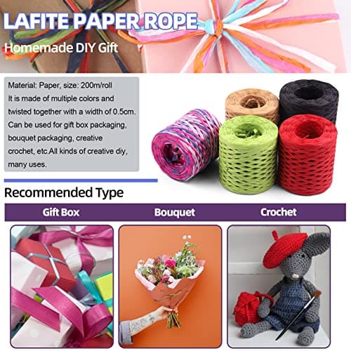Swpeet 1 rouleau de ruban en raphia rouge rose de 200 m avec kit d'assortiment de ciseaux, ficelle de raphia naturelle pour cadeaux, fournitures de bricolage, bouquets de fleurs