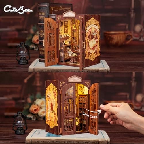 CUTEBEE Kit Book Nook - Maison Miniature à Monter soi-même - Maison de poupée - avec Housse de Protection Contre la poussière et lumière LED - Kit de modélisation pour Adultes(Bookshop Memories)