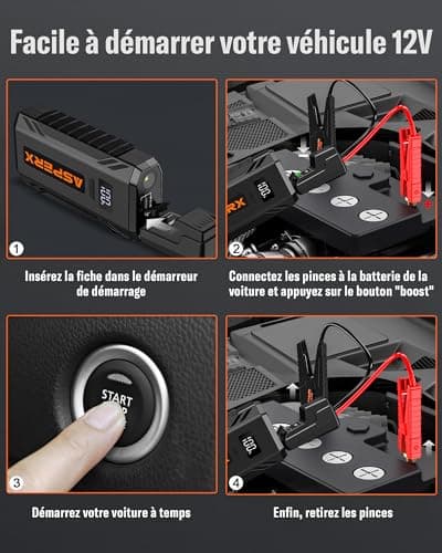 AsperX Booster Batterie Voiture 2000A, Chargeur Batterie Voiture 12V Portable (Jusqu’à 8,0L Gaz ou 6,5L Gazole), Démarreur Batterie Voiture avec Lampe LED et Ecran LCD de 1,4 Pouces