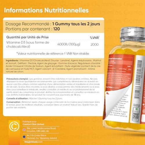 Vitamine D3 4000 UI Cholécalciférol - 120 Gummies Sans Sucre (8 Mois) - Vitamine D Système Immunitaire, Absorption Calcium, Fonction Musculaire, Dentition - Arôme Naturel de Citron, Végétarien