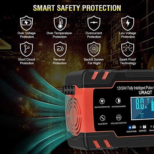 URAQT Mainteneur de Chargeur de Batterie Intelligent 8A 12V/24V avec LCD Tactile Écran Protections Multiples de Réparation pour Voiture, Camion/AGM/Gel/Wet/SLA