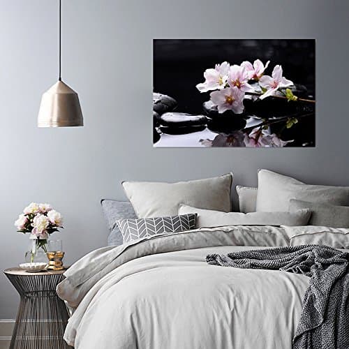Feeby Frames, Tableau seul panneau, Tableau imprimé xxl, Tableau imprimé sur toile, Tableau deco, Canvas 40x50 cm, ZEN, CERISIER SAUVAGE, GALETS, EAU, NOIR, ROSE