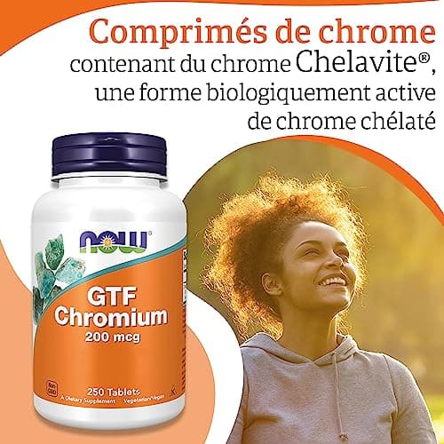Now Foods, GTF Chromium (Chrome) 200mcg, 250 Comprimés végétaliens, Testé en Laboratoire, Sans Soja, Sans Gluten, Végétarien, Sans OGM