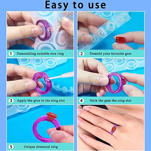 Lot de 2 moules en silicone AIFUDA pour résine époxy, anneaux en diamant avec tailles 6-12# et 8 tailles différentes, fabrication de bijoux