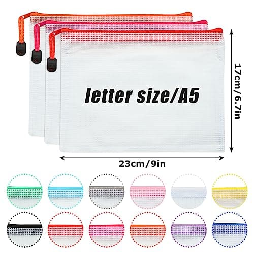 ASelected 36PCS Pochette Zippée A5, 12 Couleurs Pochette Plastique Zippée, A5 Pochette Zip à Fermeture Éclair PVC Mesh de Rangement Fichiers Pour Stockage Document Recettes D'Entreprises Organisation