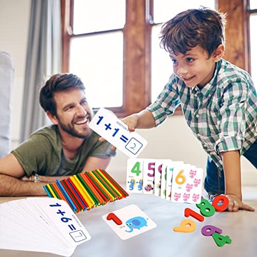 URFEDA Bâtonnets de comptage en bois, blocs de chiffres avec carte flash mathématiques, jouets d'apprentissage précoce Montessori, jouets éducatifs intelligence pour enfants de 3 ans et plus