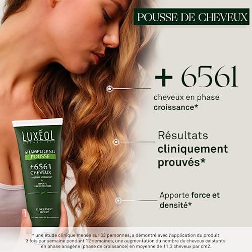 LUXÉOL - Shampooing Pousse - Augmente la densité capillaire - Réactive La Pousse Des Cheveux Existants - 86% D'Ingrédients D'Origine Naturelle - Fabriqué En France - 200ml