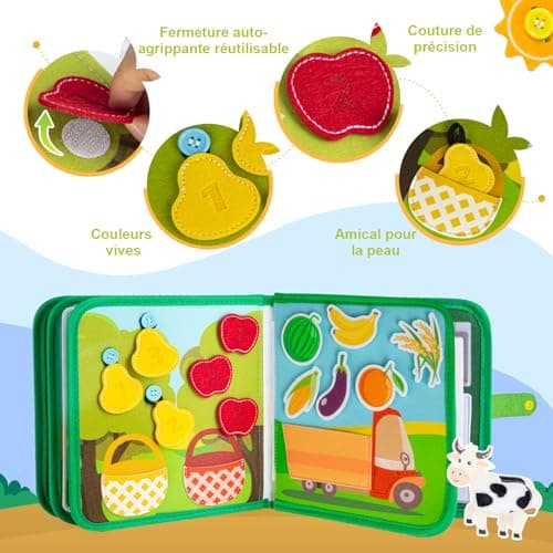 Quanquer Busy Board Française - Livre Occupé de Ferme Montessori pour 1 2 3 Ans Enfants - Planche d'Activités Jouet Éducatif Sensoriel Préscolaire -Jouets de Voyage pour Tout-Petits(Française Version)