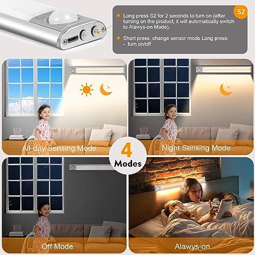DFGOTOP Reglette 120 Led Cuisine Rechargeable USB, 30CM Lampe de Placard Led Detecteur Mouvement, Eclairage Bande Armoire sous Meuble Sans Fil, Lumiere 3 Couleurs 4 Modes