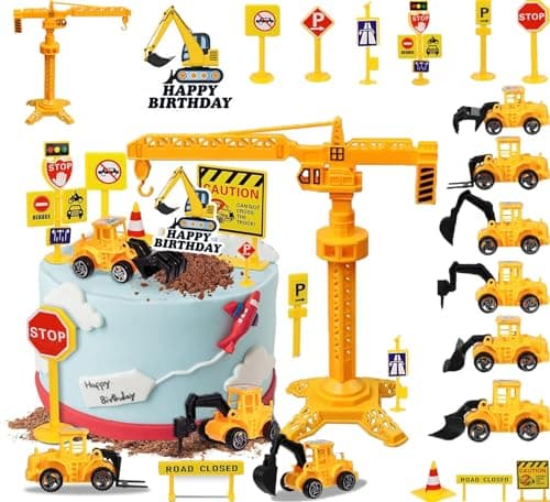 QXNDXQ 17 Pièces Décoration Gâteau Véhicule de Construction,Décorations de Gâteau D'excavatrice,Deco Gateau Tracteur,Panneau de Signalisation Cupcake Toppers,Decoration Gateau Anniversaire Garcon