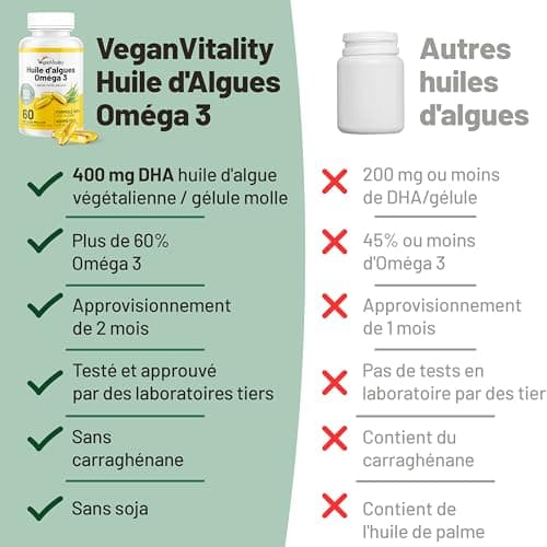 Omega 3 Vegan Huile d'algues 400 mg DHA par capsule, 60 capsules, soit 2 mois d'huile vegetale. Remplace huile de foie de morue, convient à tous les régimes vegan/végétariens.