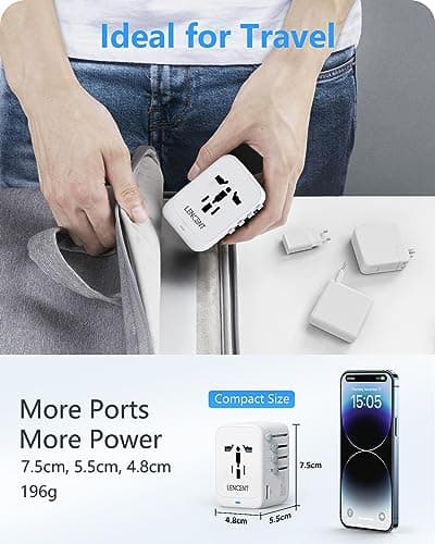 LENCENT Adaptateur Prise Universelle 65W, 3 Type-C+1 USB Chargeur Rapide Voyage, Chargeur Universel de téléphone avec Prise Internationale pour Phone, PC, UK US EU AUS Blanc