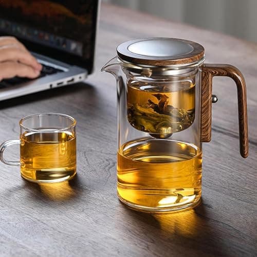 Théière en verre avec infuseur, théière amovible en verre, théière en verre transparent, théière en verre filtrant, théière en verre avec poignée en bois, théière en verre transparent, théière