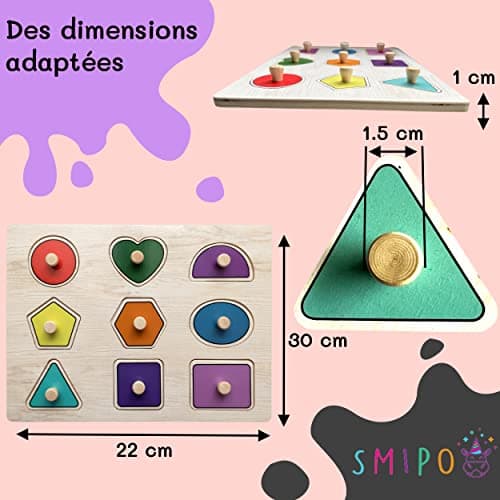 Puzzle en Bois Montessori Forme géométrique, Apprentissage encastrement Formes et Couleurs, motricité Fine, Jouet Bebe Enfant garçon Fille 12 Mois,1,2,3,4 Ans, Jeux educatif, Mot en français, Cadeau