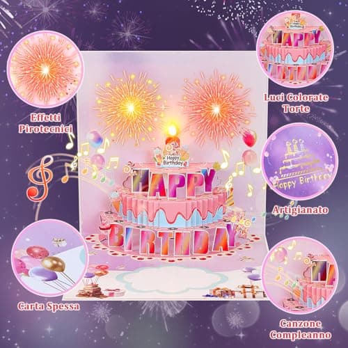 joyoldelf Carte Anniversaire Musicale Pop Up - Carte de Voeux 3D Avec LumièRes, Enveloppe Incluse, Joyeux Cadeaux d'Anniversaire Pour Les Femme Homme Garcon Fille Enfant Maman Amie(Violet)