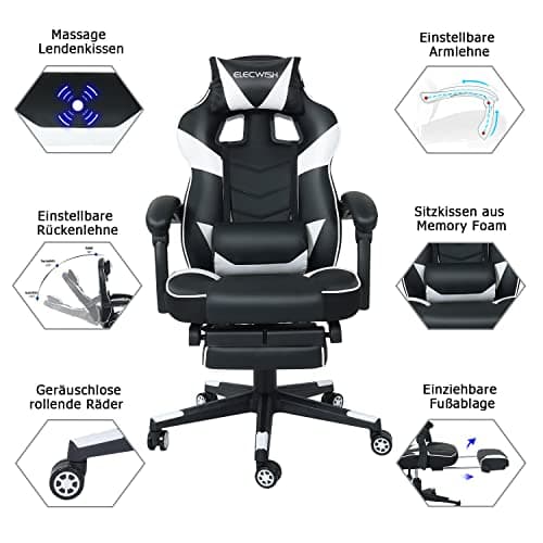 YU YUSING Massage Chaise Gaming Ergonomique Racing Chaise de Bureau avec Réglage de Hauteur, Repose-tête et Soutien des Lombaires, PU Cuir avec Repose-Pieds Rétractable, (Blanc)