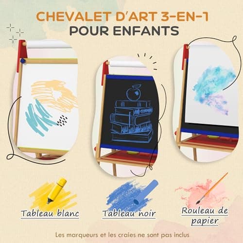 AIYAPLAY Chevalet peinture pour enfants, tableau enfant double face 3 en 1, avec rouleau de papier, tableau blanc et noir hauteur réglable, avec accessoires de peinture, enfants 3-8 ans, bois naturel