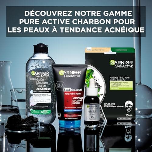 Garnier Pure Active - Nettoyant 3 En 1 - Nettoyant, Exfoliant, Masque - Réduit Les Points Noirs & Prévient Leur Apparition - BHA & Charbon - Vegan & Cruelty Free - Peau Mixtes à Grasses - 150 ml