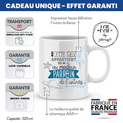 ÉNJA Création. Mug parrain. Parrain/Tasse – Le meilleur de l'univers - Futur parrain - Cadeau anniversaire, fête ou noël Cadeau original. Céramique haute qualité 11oz - 320 ML (PARRAIN)