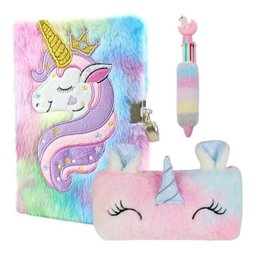 Lassuzie Journal Intime Fille avec Cadenas, Carnet Secret pour Fille en Peluche Comprenant Une Cahier A5 et Une Licorne Trousse à Crayons, Cadeau Licorne pour Fille 5 6 7 8 9 10 11 12 Ans