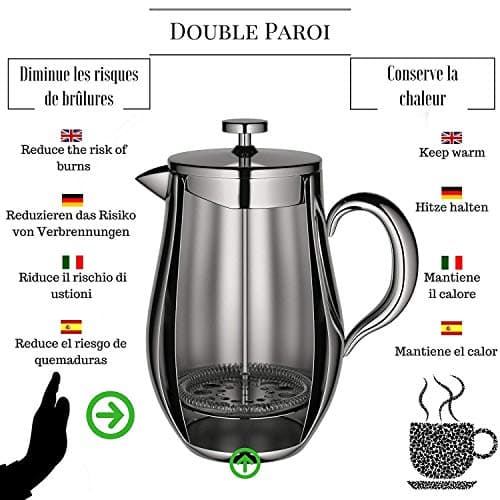 VeoHome - Cafetière à Piston 1 Litre - Incassable et Garde Le café Chaud Longtemps grâce à sa Double Coque INOX...