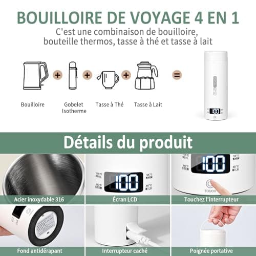 Dreamhigh® Bouilloire de Voyage 450ml, Mini Électrique 300W, Chauffe Eau Portable pour Café, Lait, Thé (220V)