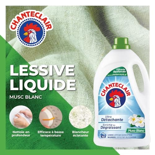 Chanteclair - Lessive Liquide Concentrées Musc Blanc, Enrichie au Dégraissant, Ultra Détachantes et Efficaces aussi à Froid, 40 lavages - 1800 ml