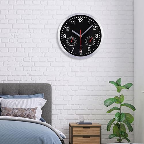 VINILITE Horloge Murale Radio Pilotée avec Thermomètre et Hygromètre Pendule Murale Silencieuse et sans Tic-Tac de 25cm pour Salon, Cuisine, Bureau, Chambre