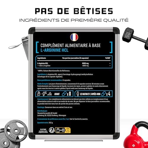 L-Arginine - 380 capsules végétaliennes - 6000 mg de L-Arginine HCL végétale par portion journalière (= 4980 mg de L-Arginine pure) - Acide aminé - Fortement dosé