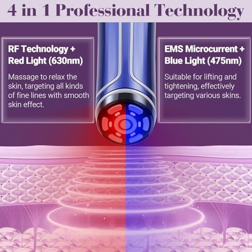 Appareil Radiofréquence Visage - TUMAKOU 4 en 1 EMS Micro-courant Appareil Anti Rides Visage - Bleu Rouge Luminothérapie Visage - Appareil Massage Lifting Visage Pour le Visage, le Cou à Domicile
