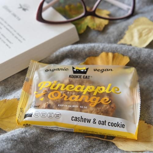 Kookie Cat Ananas & Orange-Biscuits Vegan Emballés Individuellement, Sans Gluten, Sans Soja, Bio, Noix de Cajou & Avoine-12 X 50g Multipack